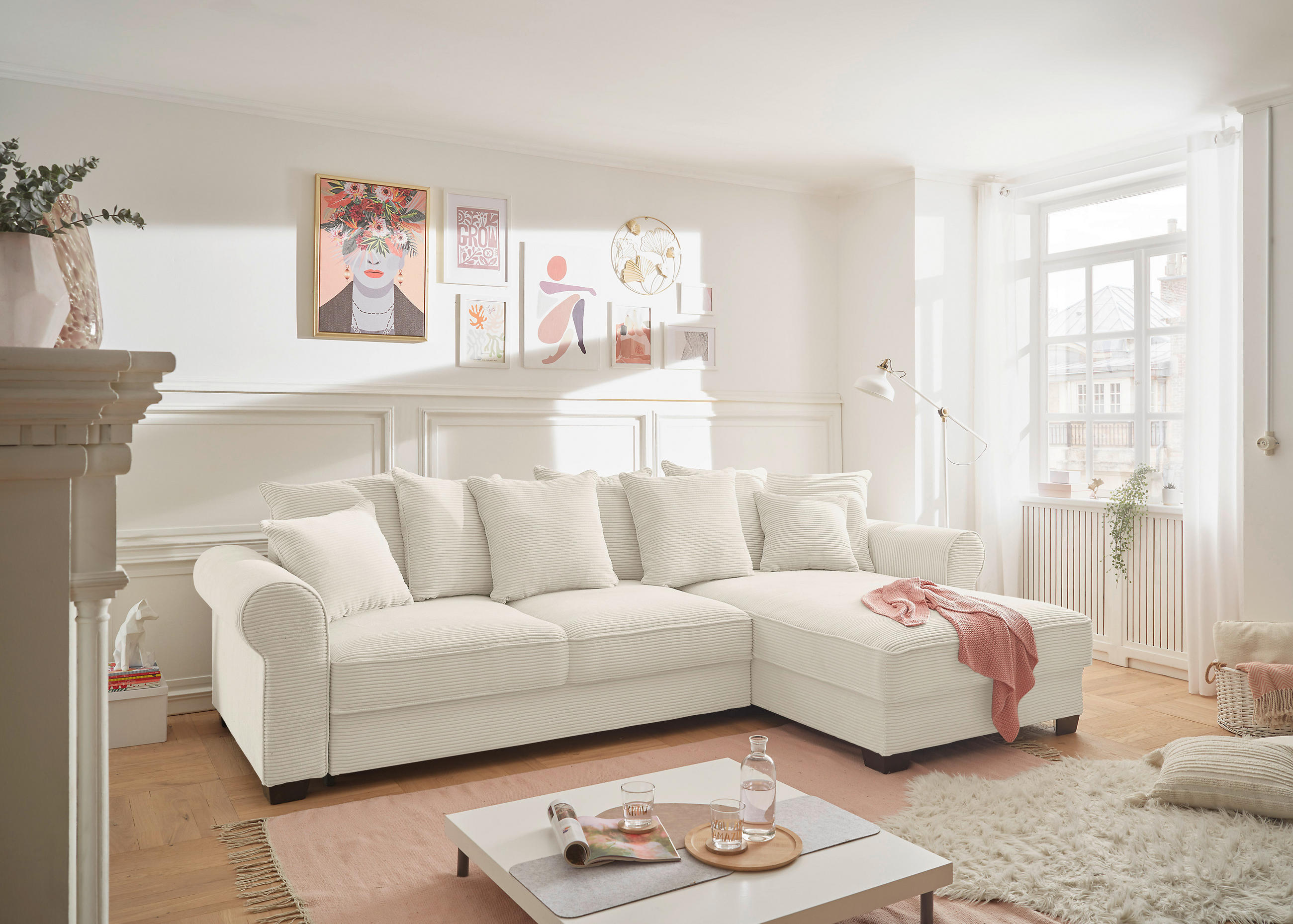 ECKSOFA Creme Cord  - Creme/Schwarz, KONVENTIONELL, Kunststoff/Textil (318/197cm) - Hom`in
