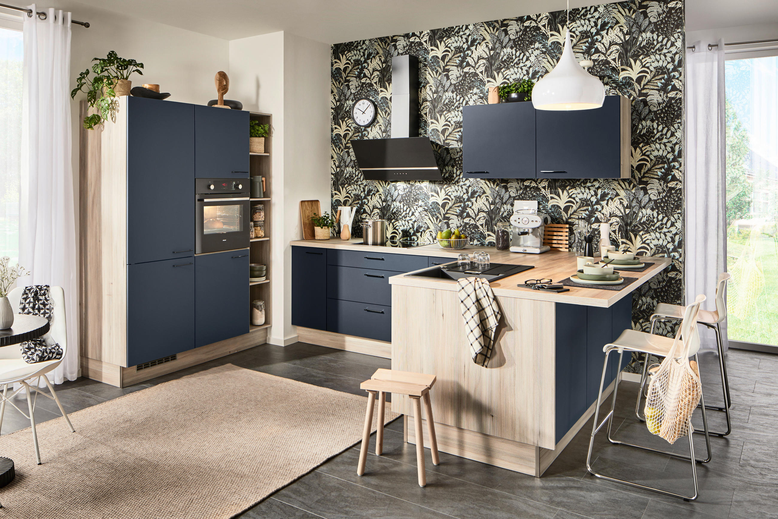ECKKÜCHE  in Blau, Eichefarben  - Blau/Eichefarben, Design, Holzwerkstoff/Metall (150/280/192cm) - Xora