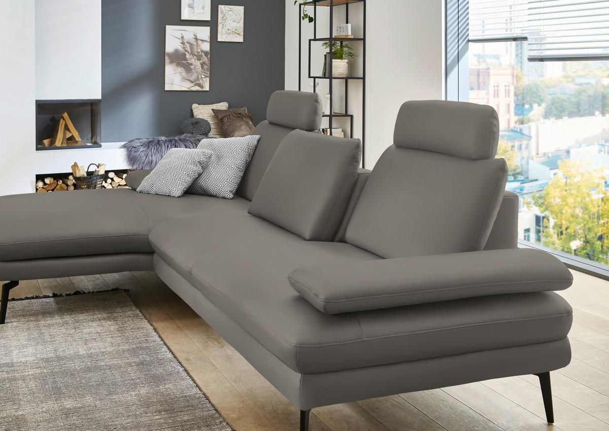 ECKSOFA in Echtleder Hellgrau  - Hellgrau/Schwarz, Design, Leder/Metall (180/310cm) - Dieter Knoll