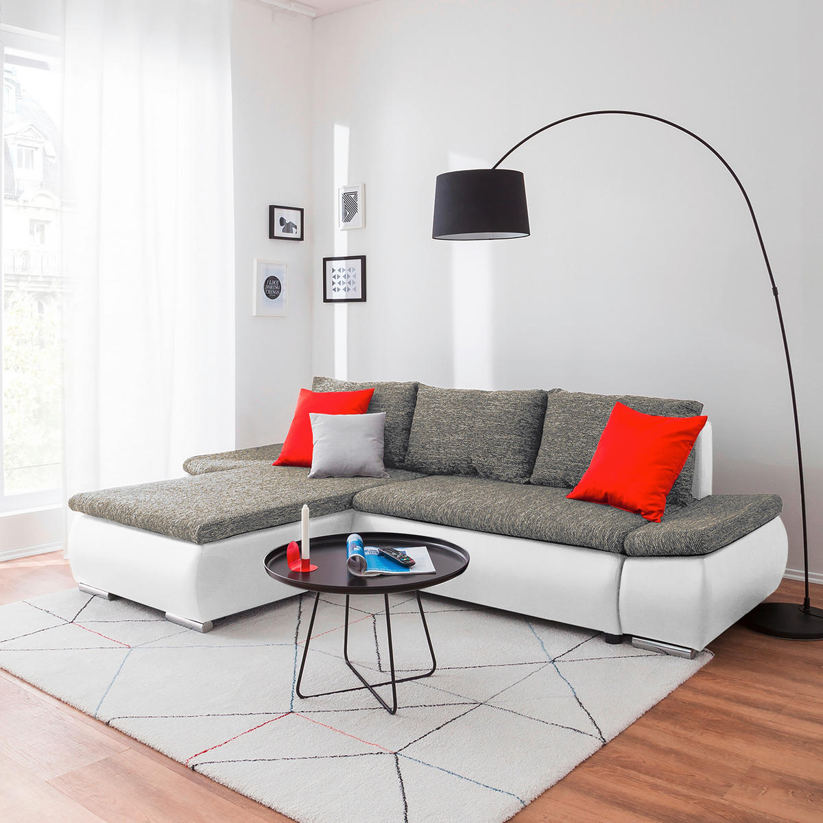 ECKSOFA Grau, Weiß Textilgeflecht  - Chromfarben/Schwarz, Design, Textil (266/175cm) - Livetastic
