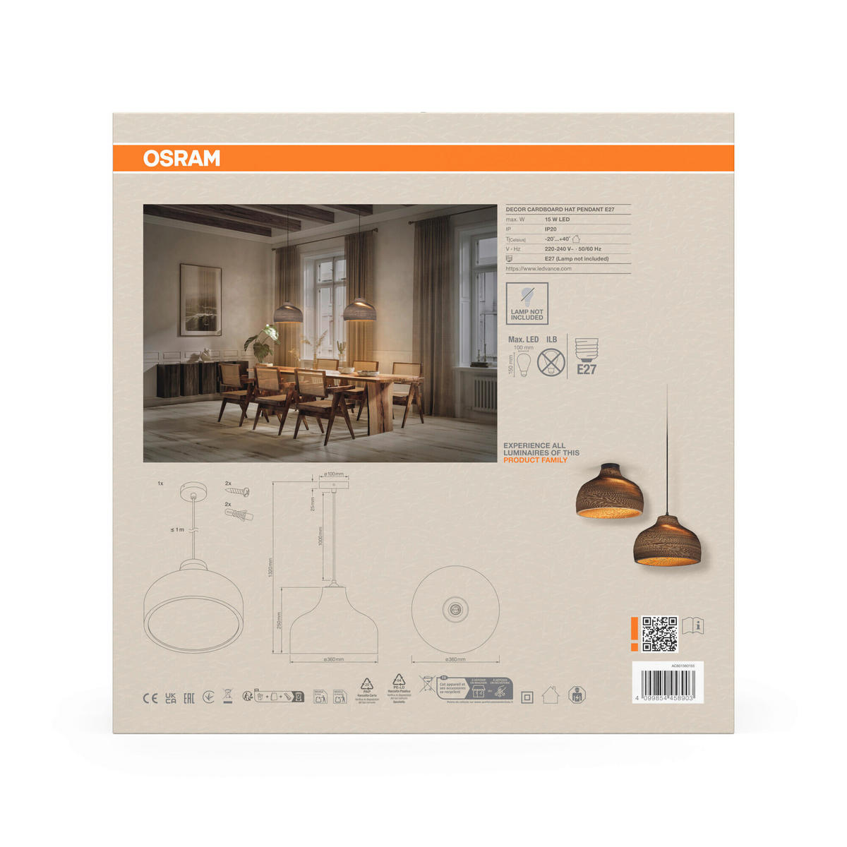 HÄNGELEUCHTE 36/132 cm  - Braun, Natur, Karton/Metall (36/132cm) - Osram