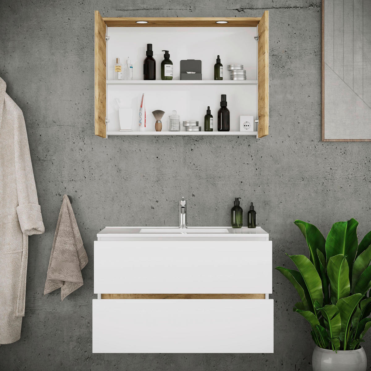 BADEZIMMER 3-teilig 81 cm  - Honigeiche/Weiss, Trend, Keramik/Holzwerkstoff (81cm) - MID.YOU