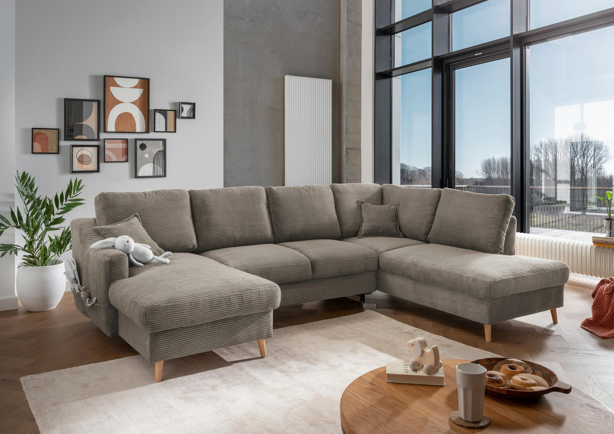 WOHNLANDSCHAFT Graubraun Cord  - Graubraun/Naturfarben, KONVENTIONELL, Holz/Textil (150/301/200cm) - P & B