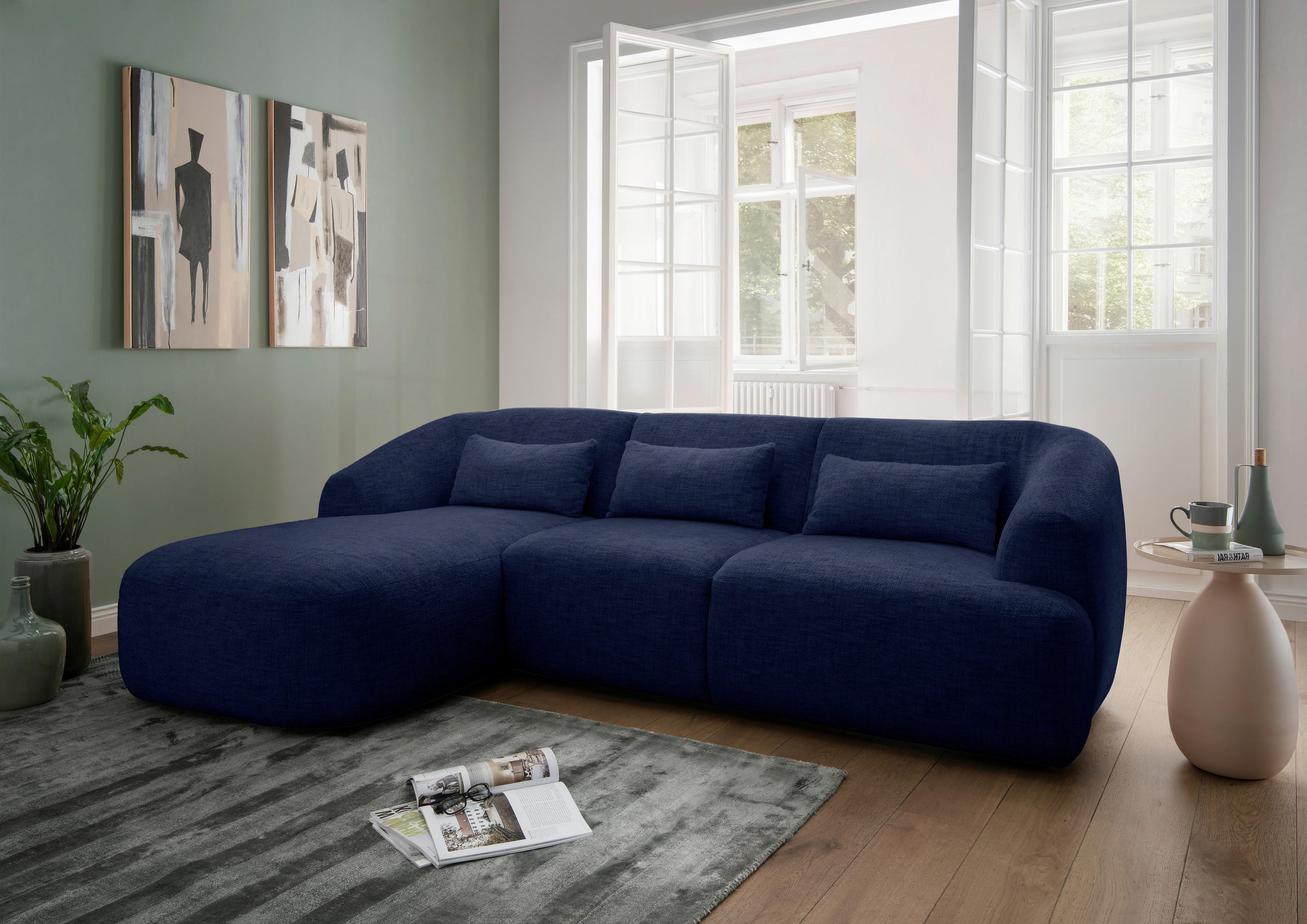 ECKSOFA in Struktur Dunkelblau  - Schwarz/Dunkelblau, Modern, Kunststoff/Textil (160/256cm) - Livetastic