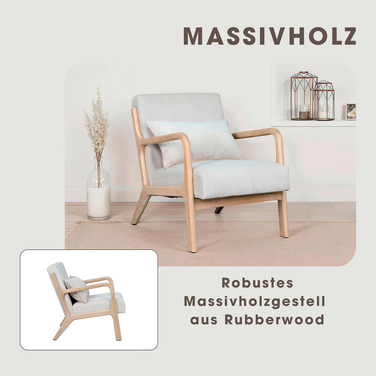 SESSEL in Cord Elfenbein  - Elfenbein/Braun, Basics, Holz/Textil (65/81/76cm) - MID.YOU