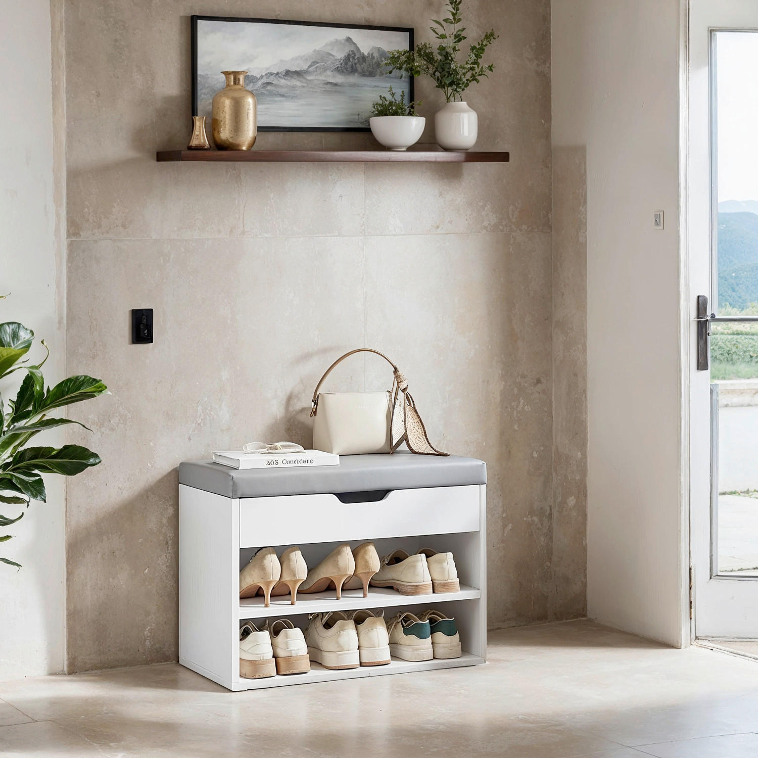 SCHUHBANK  in 60/44/30 cm  - Weiß/Grau, MODERN, Leder (60/44/30cm) - MID.YOU