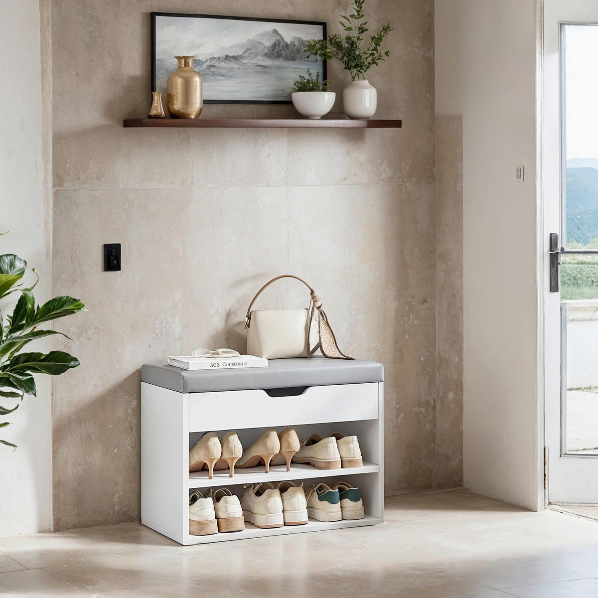 SCHUHBANK  in 60/44/30 cm  - Weiß/Grau, MODERN, Leder (60/44/30cm) - MID.YOU