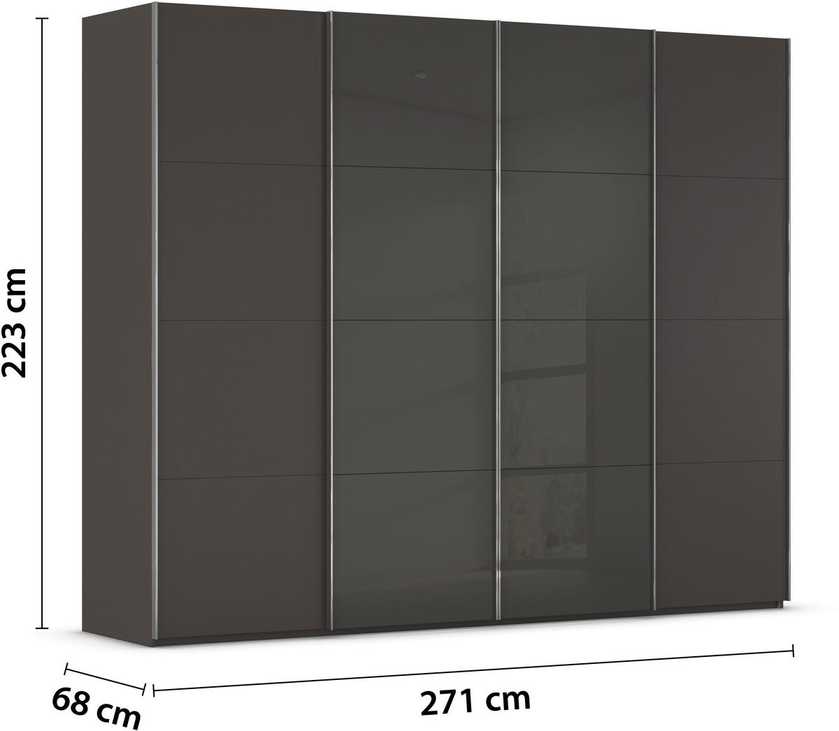 SCHWEBETÜRENSCHRANK 271/223/68 cm 4-türig Graphitfarben, Schwarz  - Chromfarben/Graphitfarben, KONVENTIONELL, Glas/Holzwerkstoff (271/223/68cm) - Novel