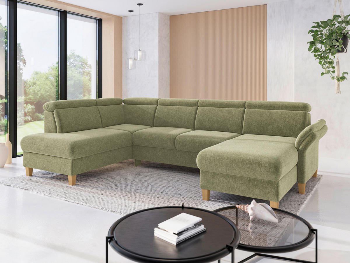 WOHNLANDSCHAFT GLENDALE E Hellgrün Flachgewebe  - Eichefarben/Hellgrün, KONVENTIONELL, Holz/Textil (193/321/166cm) - Sit & More