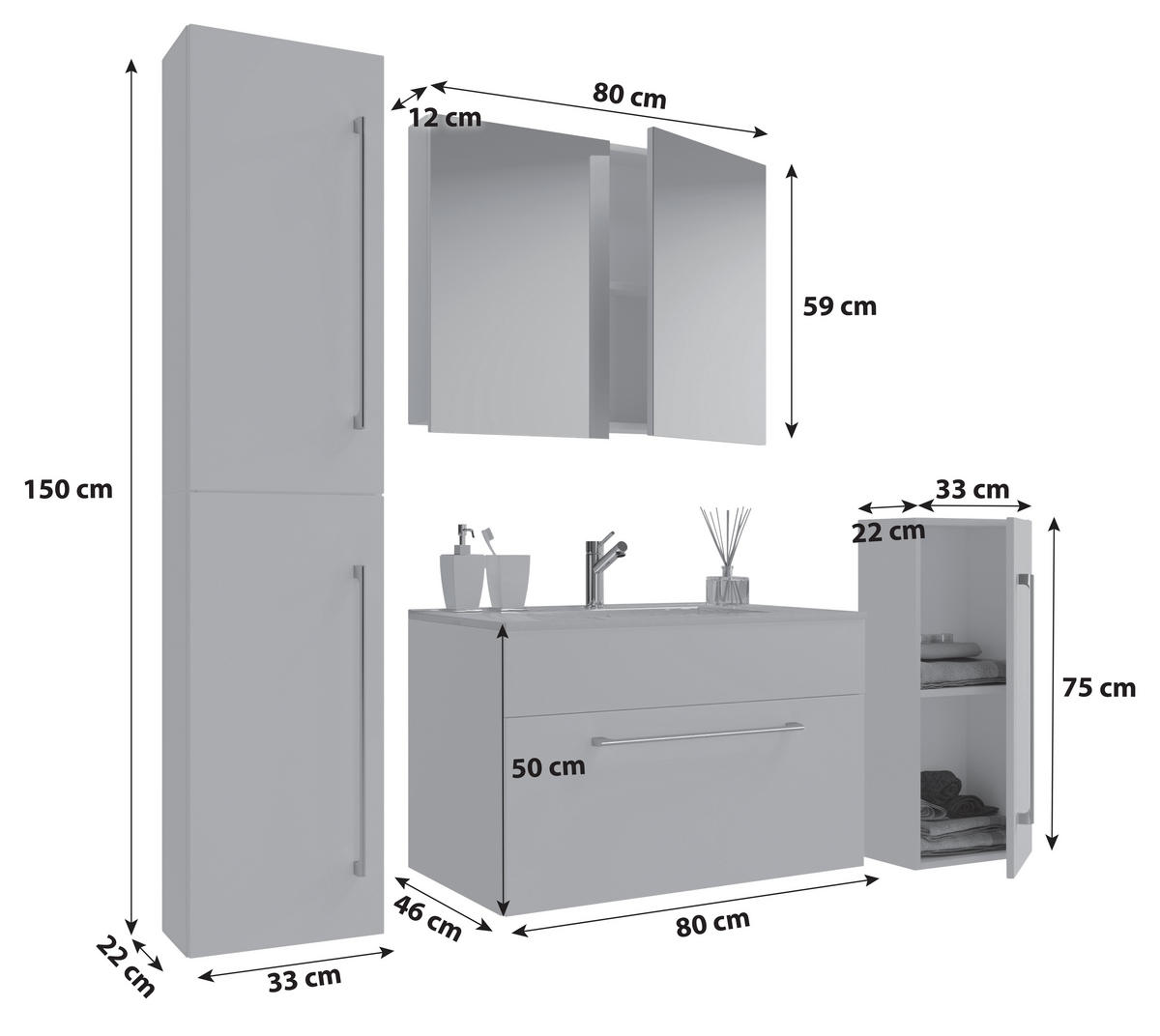BADEZIMMER 5-teilig  in 126 cm  - Alufarben/Weiß, MODERN, Keramik/Holzwerkstoff (126cm) - MID.YOU