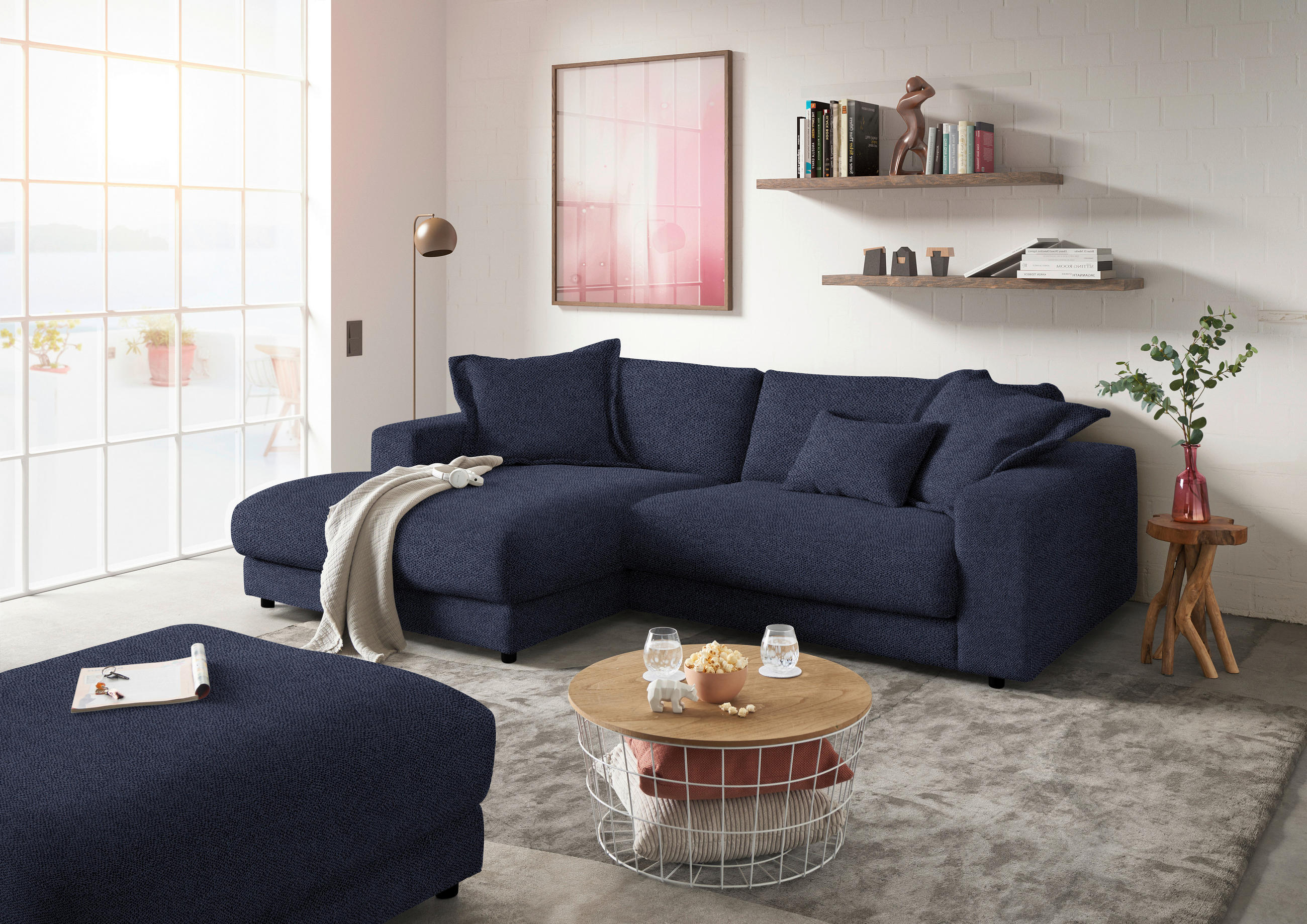 ECKSOFA in Flachgewebe Dunkelblau  - Schwarz/Dunkelblau, Design, Kunststoff/Textil (190/270cm) - Lomoco