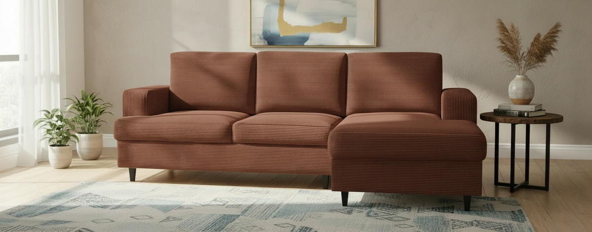 ECKSOFA Cord, Velours Rostfarben  - Rostfarben/Schwarz, Design, Holz/Textil (247/140cm) - MID.YOU