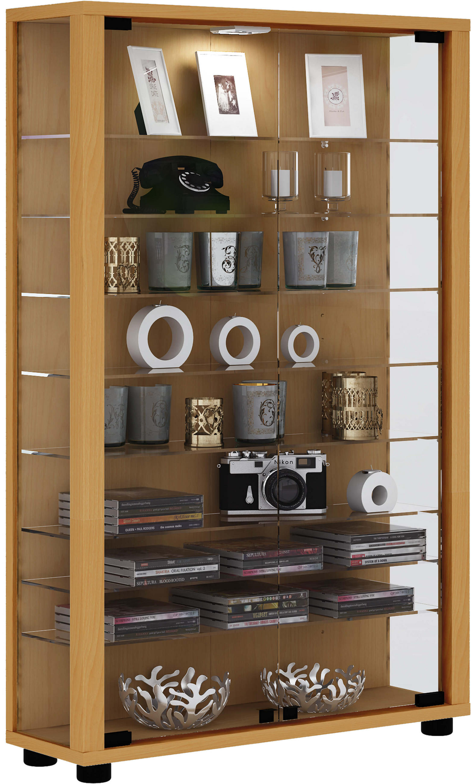 VITRINA, barve bukve - črna/barve bukve, Design, umetna masa/steklo (59/90/18cm) - MID.YOU