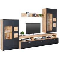SET MOBILA LIVING in negru, culoare lemn stejar  - culoare crom/culoare lemn stejar, Konventionell, sticlă/metal (330/208/52cm) - Hom`in