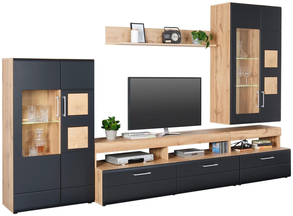 SET MOBILA LIVING in negru, culoare lemn stejar  - culoare crom/culoare lemn stejar, Konventionell, sticlă/metal (330/208/52cm) - Hom`in