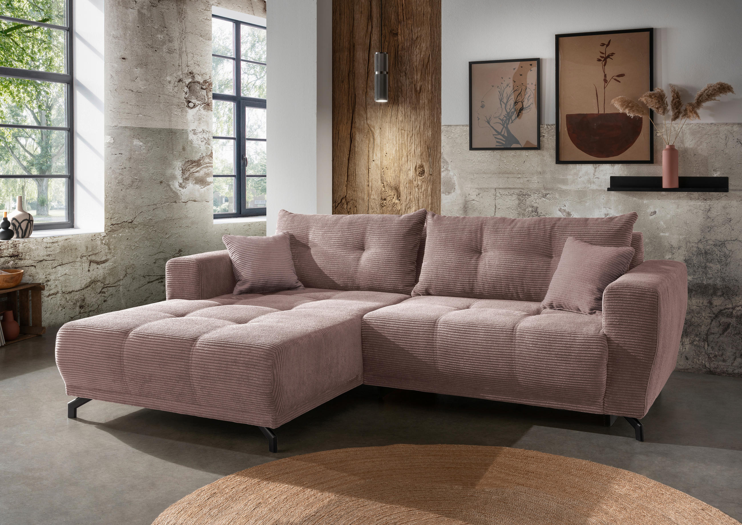 ECKSOFA Rosa Cord  - Schwarz/Rosa, MODERN, Holz/Textil (177/246cm) - MID.YOU