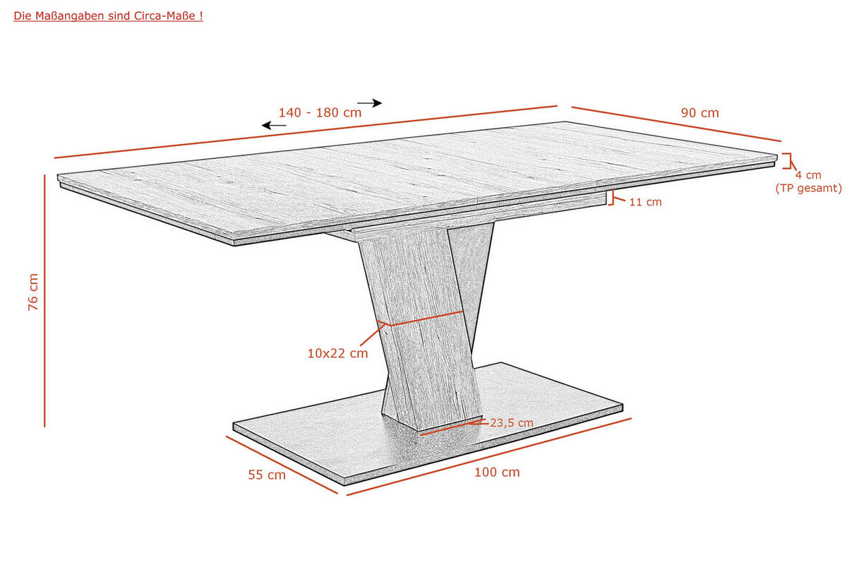 TISCHGRUPPE   - Eichefarben/Anthrazit, MODERN, Textil/Metall (140 - 180/76/90cm) - MID.YOU