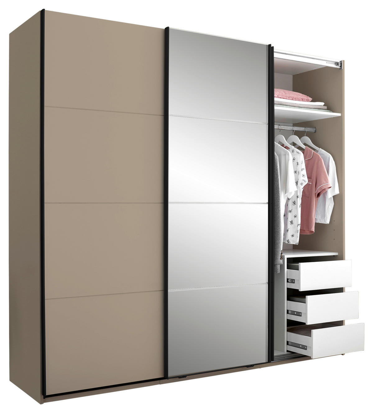 SCHWEBETÜRENSCHRANK 215/204/60 cm 3-türig Kaschmir  - Kaschmir/Schwarz, KONVENTIONELL, Glas/Holzwerkstoff (215/204/60cm) - Boxxx