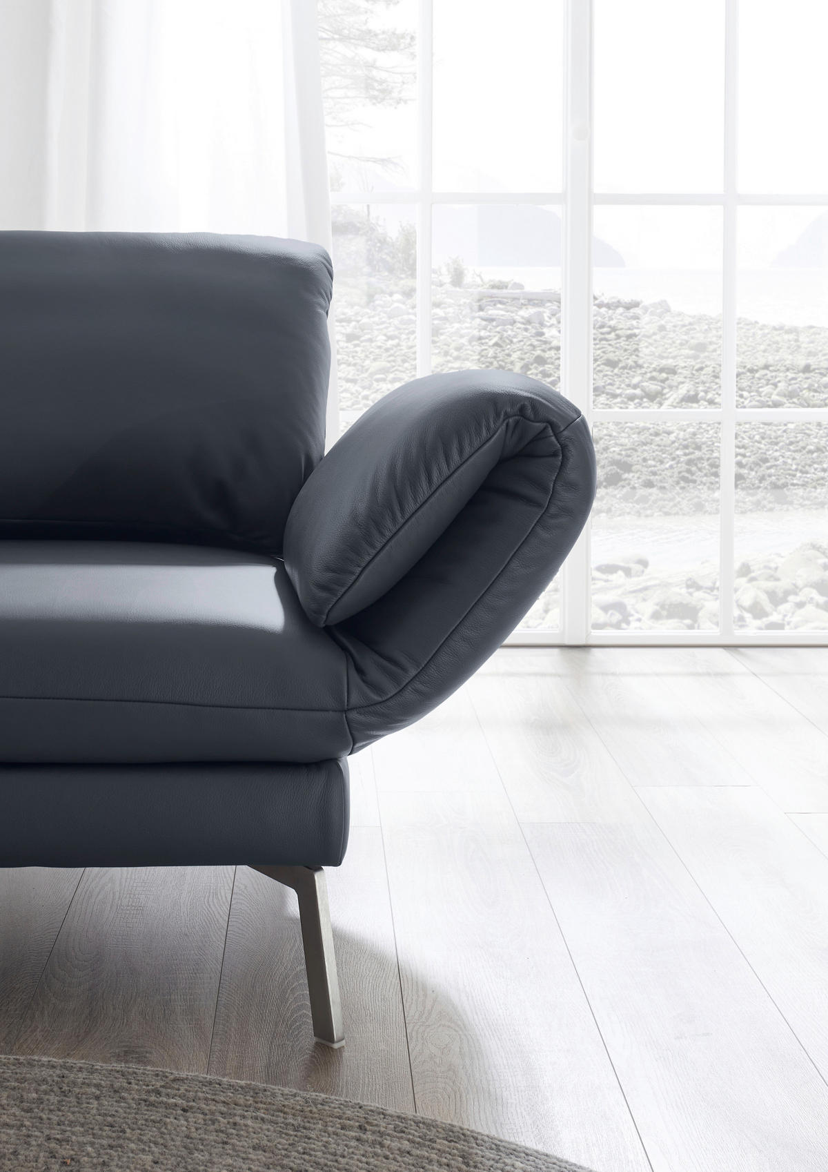 RÉCAMIERE Dunkelblau, Blaugrau Echtleder  - Chromfarben/Blaugrau, Design, Leder/Metall (209/85-109/95-16cm) - Dieter Knoll
