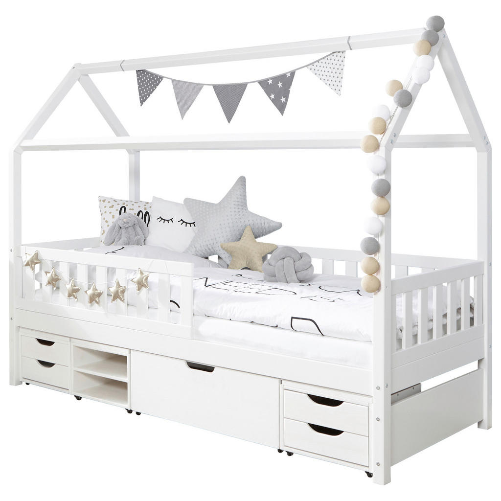 Hausbett 200x90 cm Weiß mit Stauraum