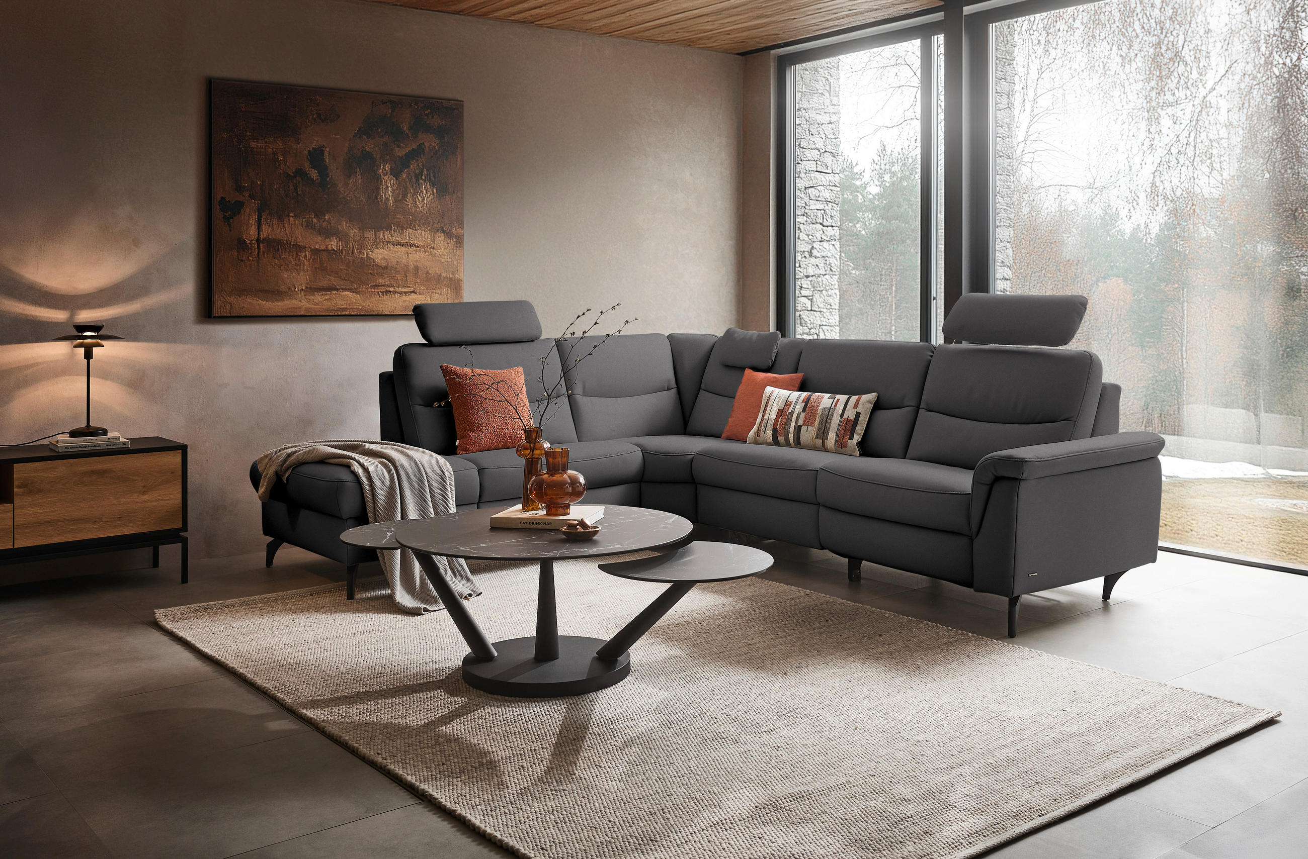 ECKSOFA in Echtleder Grau  249/280 cm  - Anthrazit/Grau, Design, Leder/Metall (249/280cm) - Himolla Komfortklass