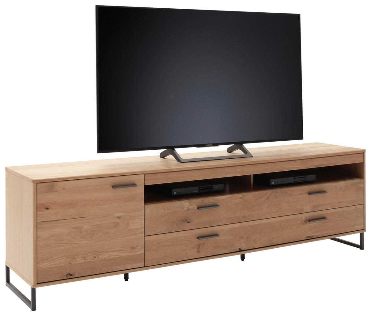 MEDIABÄNK i faner, massiv kvistek ekfärgad  - svart/ekfärgad, Design, metall/trämaterial (224/67/50cm) - Livetastic