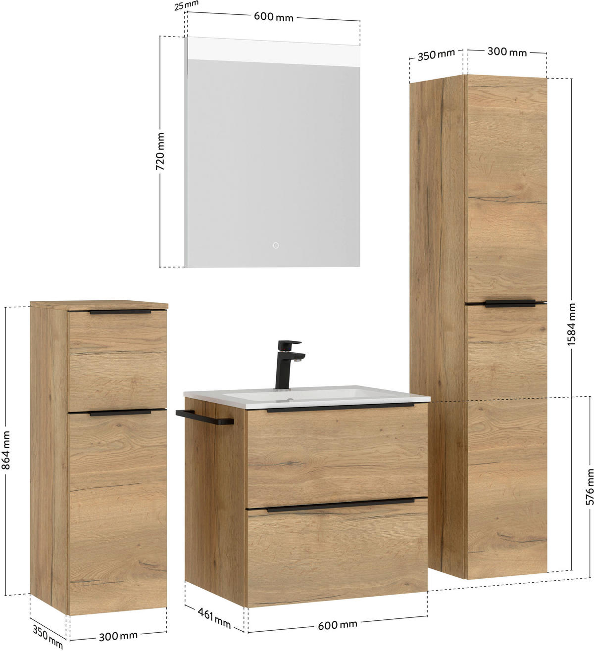 BADEZIMMER 5-teilig  in 121 cm  - Eichefarben/Schwarz, MODERN, Holzwerkstoff/Stein (121cm) - Nobilia