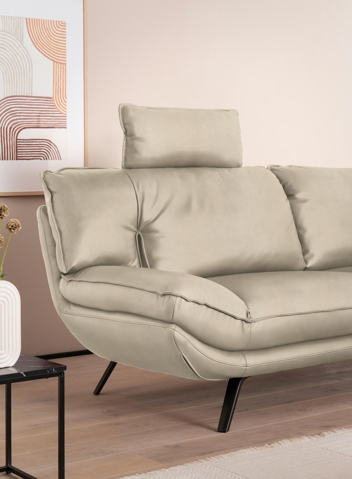 3-SITZER-SOFA in Echtleder Ecru  - Ecru/Schwarz, Design, Leder/Metall (226/95/95cm) - Celina