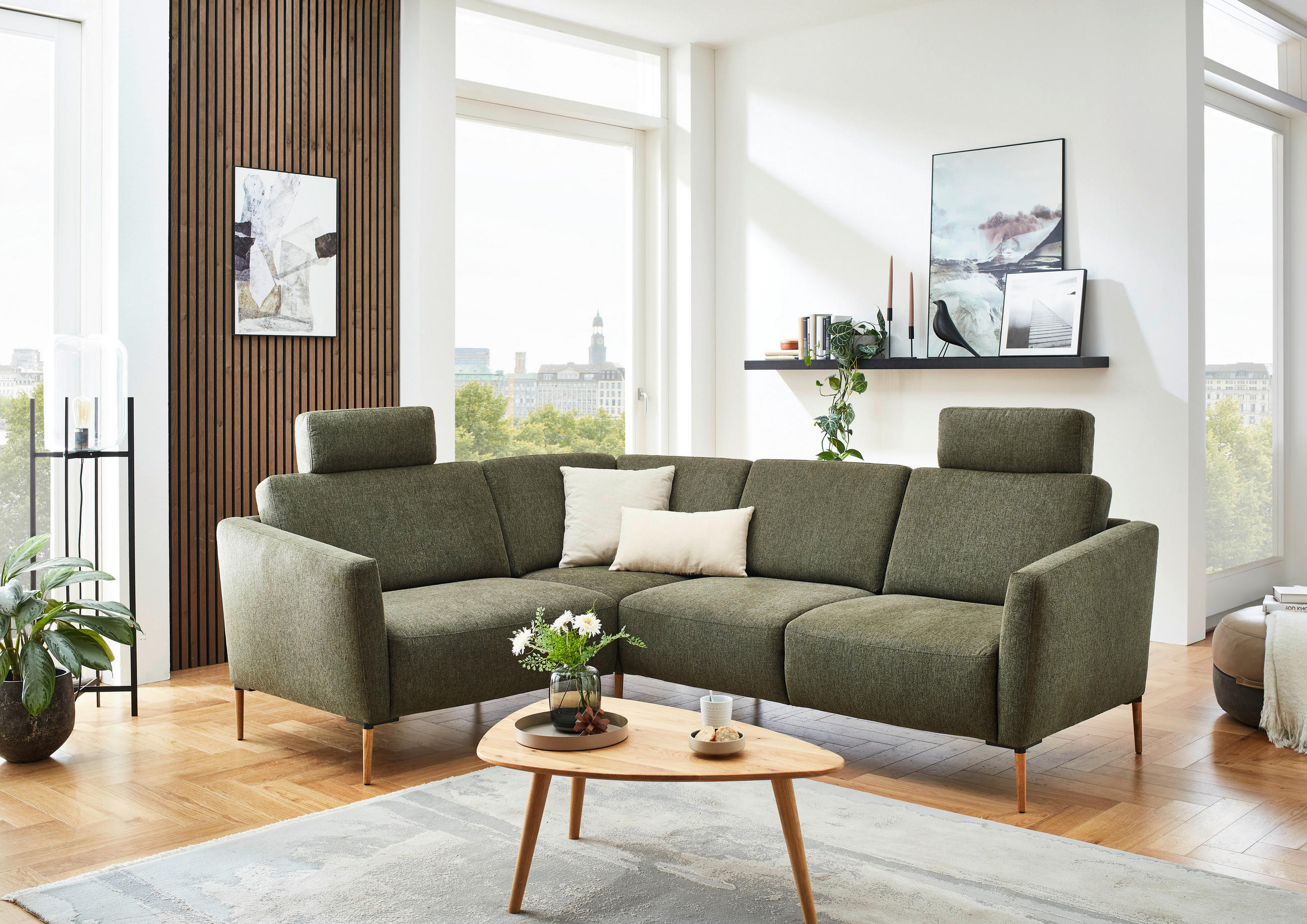 ECKSOFA Olivgrün Flachgewebe  - Eichefarben/Olivgrün, Design, Holz/Textil (189/236cm) - Valnatura