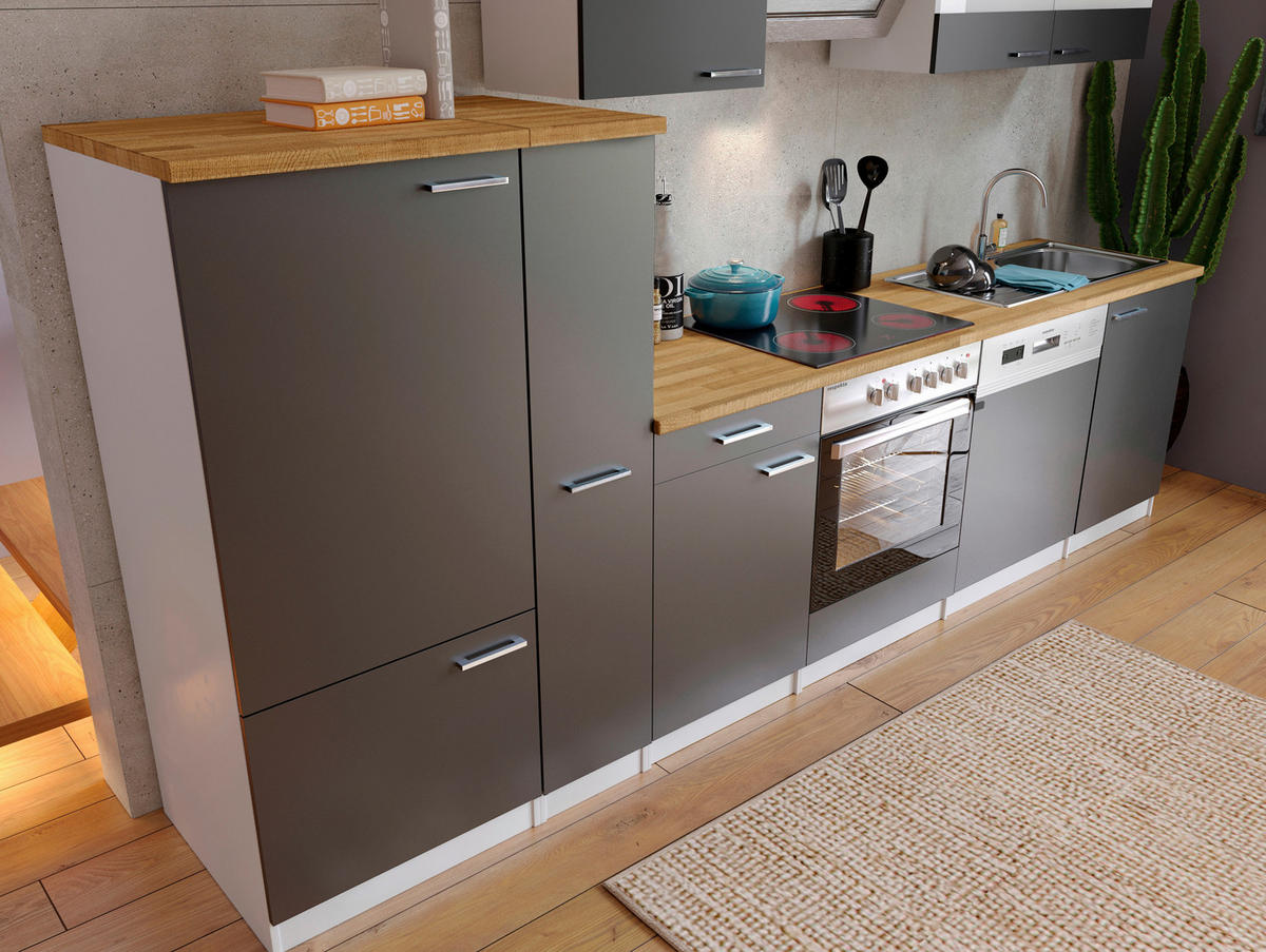KÜCHENBLOCK 310 cm   in Grau  - Edelstahlfarben/Nussbaumfarben, Basics, Holzwerkstoff/Metall (310cm) - Respekta