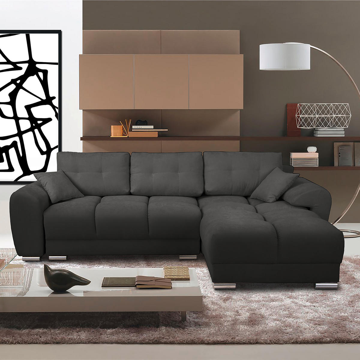 ECKSOFA in Mikrofaser Dunkelgrau  - Dunkelgrau/Silberfarben, Design, Textil/Metall (256/175cm) - Livetastic