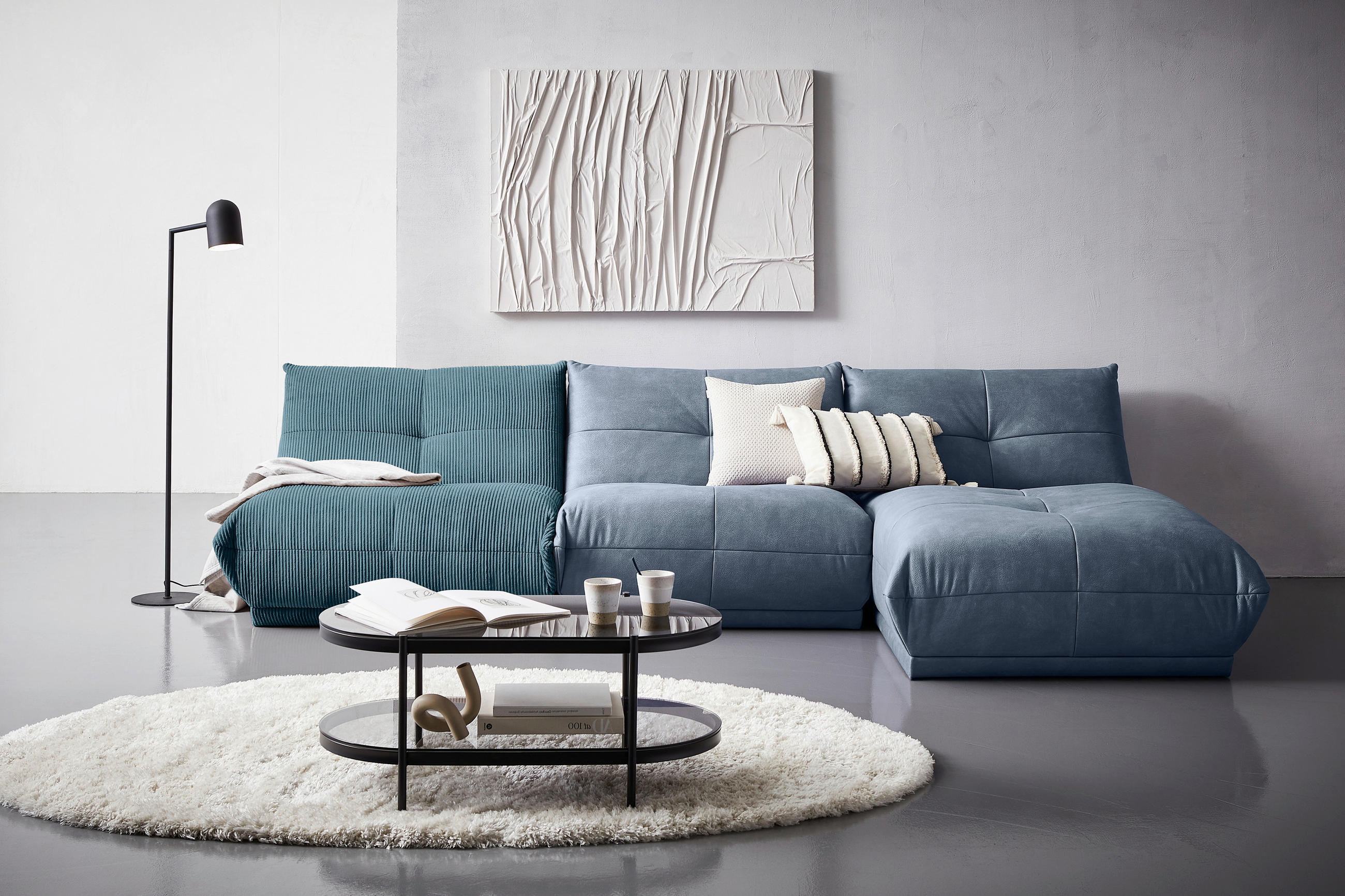 ECKSOFA in Cord, Lederlook Petrol, Blaugrau  - Blaugrau/Petrol, Trend, Textil (315/185cm) - Livetastic