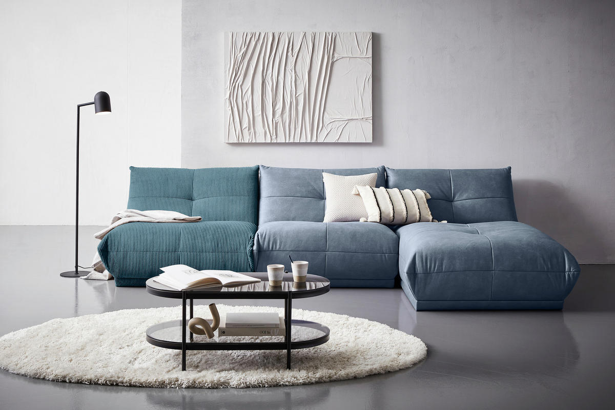 ECKSOFA Petrol, Blaugrau Cord, Lederlook  - Blaugrau/Petrol, Trend, Textil (315/185cm) - Livetastic