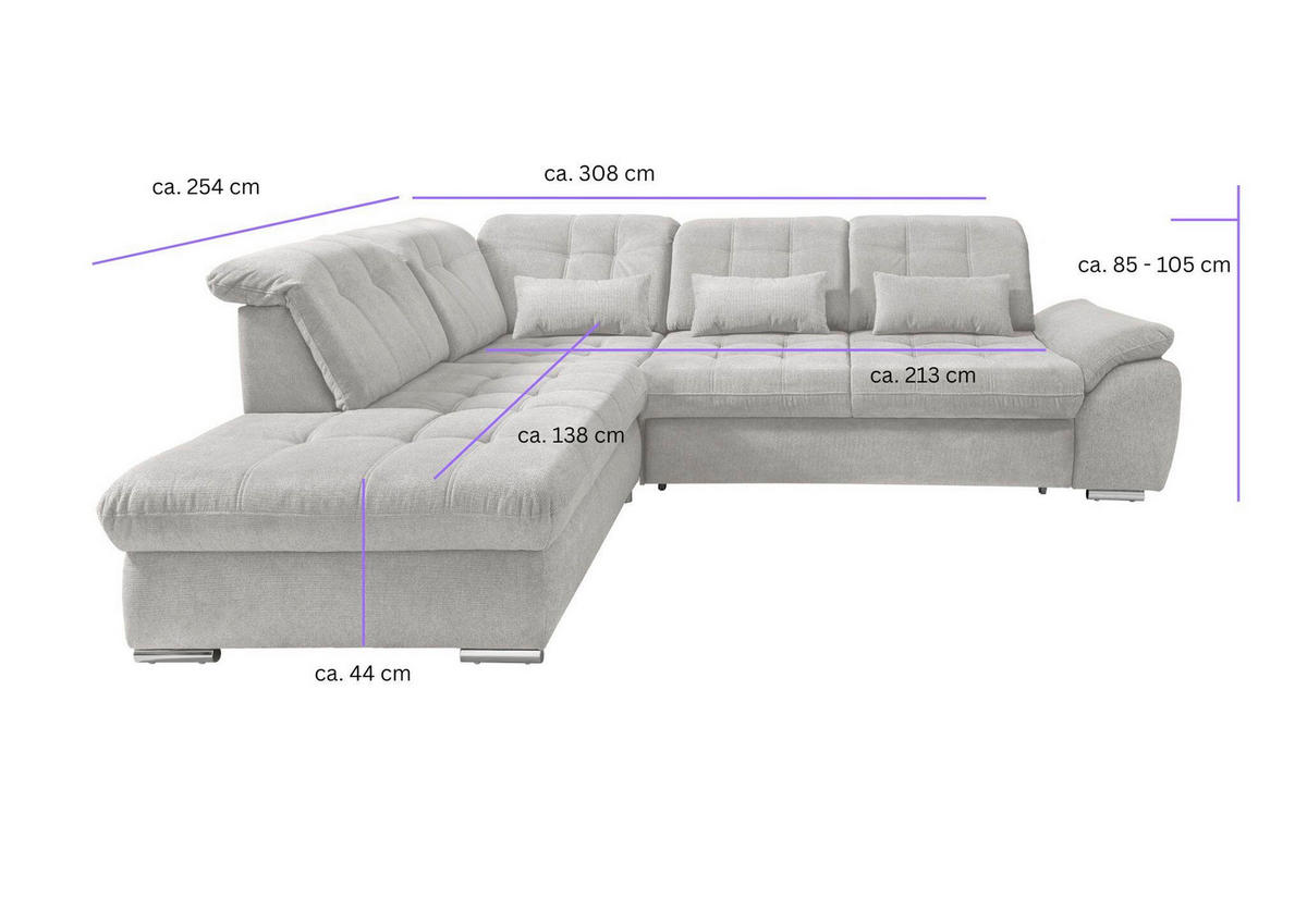 ECKSOFA RIGATTI Hellbraun Flachgewebe Kopfteilverstellung, Stauraum, Sitztiefenverstellung  - Chromfarben/Hellbraun, MODERN, Textil/Metall (254/308cm) - Livetastic