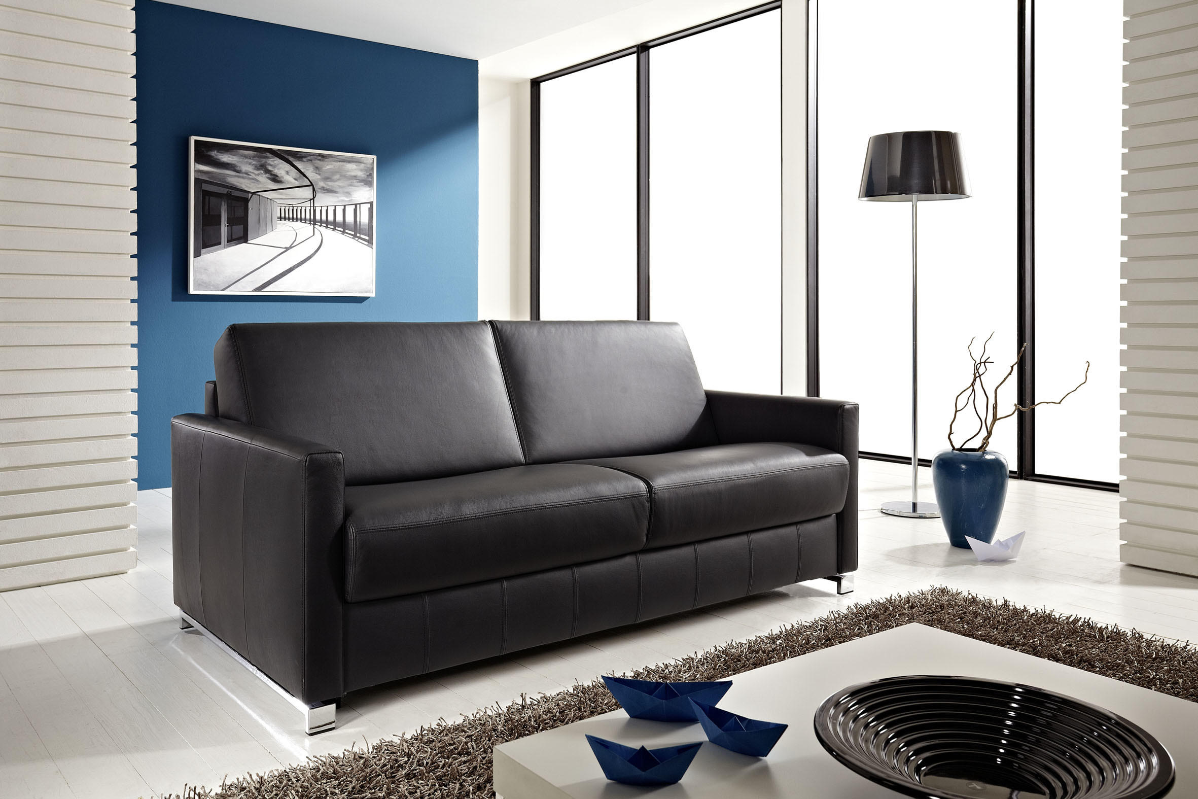 SCHLAFSOFA Schwarz Echtleder  - Chromfarben/Schwarz, Basics, Leder/Metall (185/84/100cm) - Bali