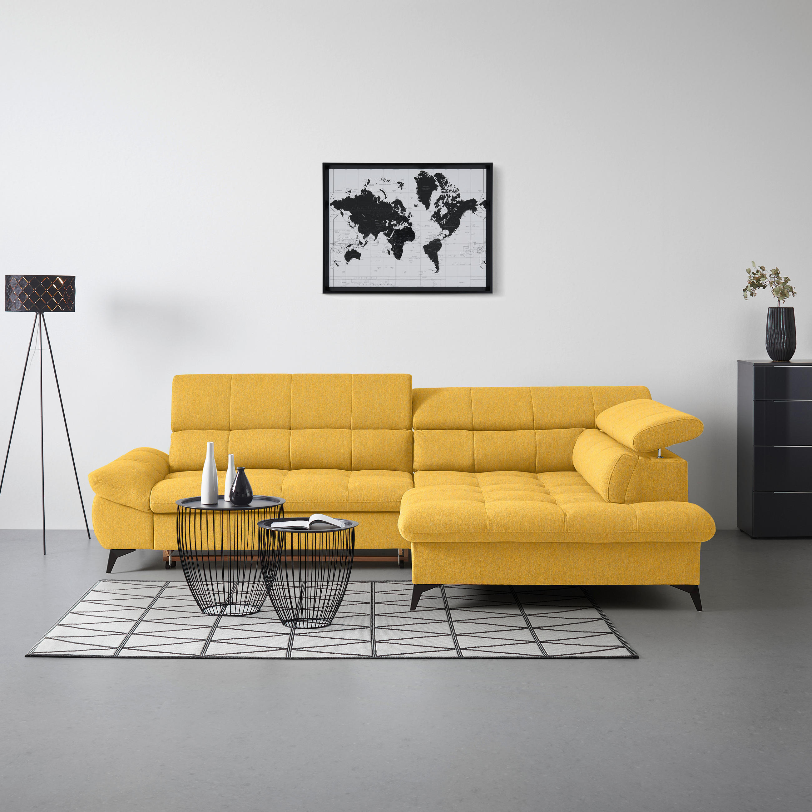 ECKSOFA in Chenille Senfgelb  - Senfgelb/Schwarz, Modern, Textil/Metall (296/201cm) - Livetastic