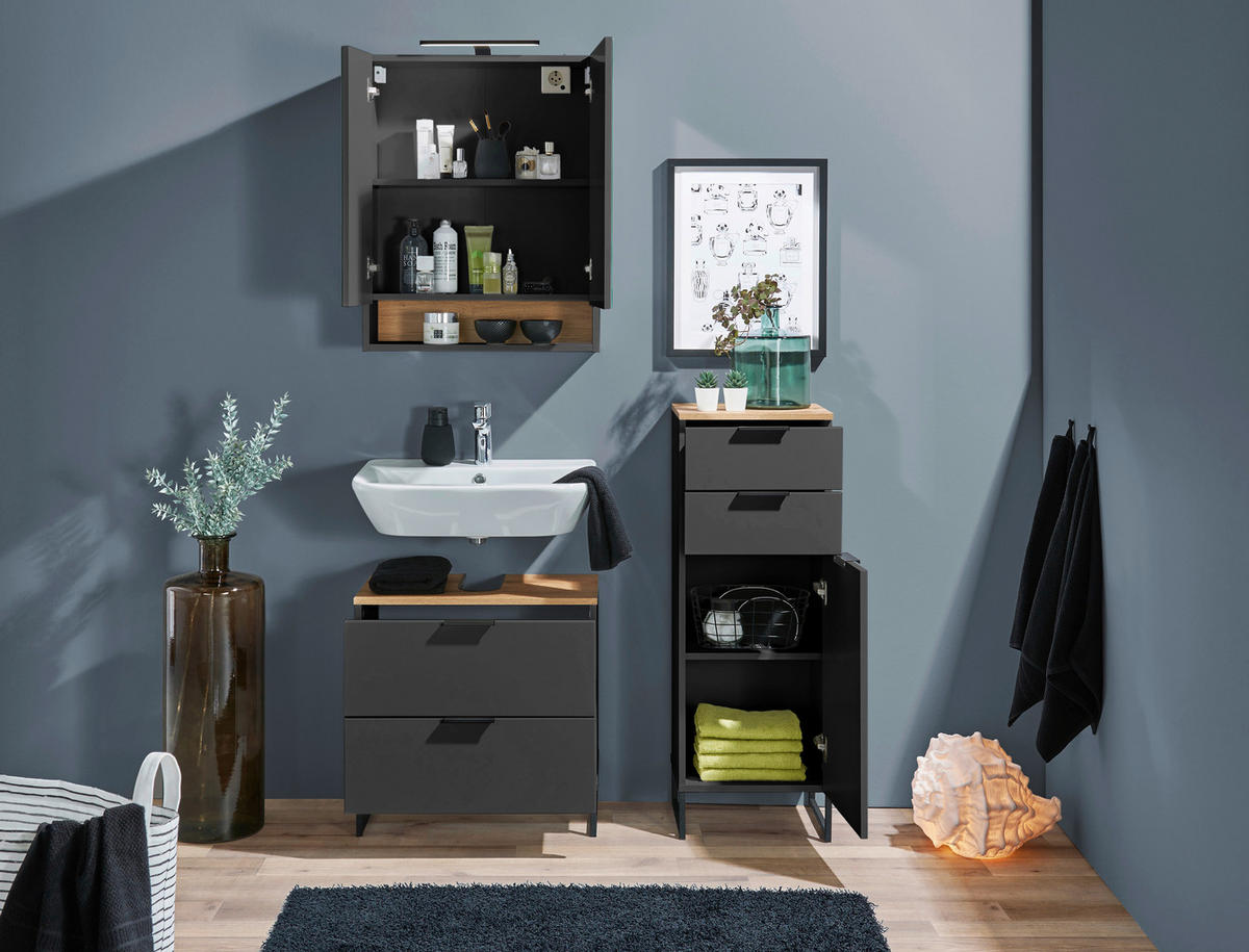 MIDISCHRANK 38/106/32 cm  - Eichefarben/Schwarz, KONVENTIONELL, Holzwerkstoff/Metall (38/106/32cm) - home24