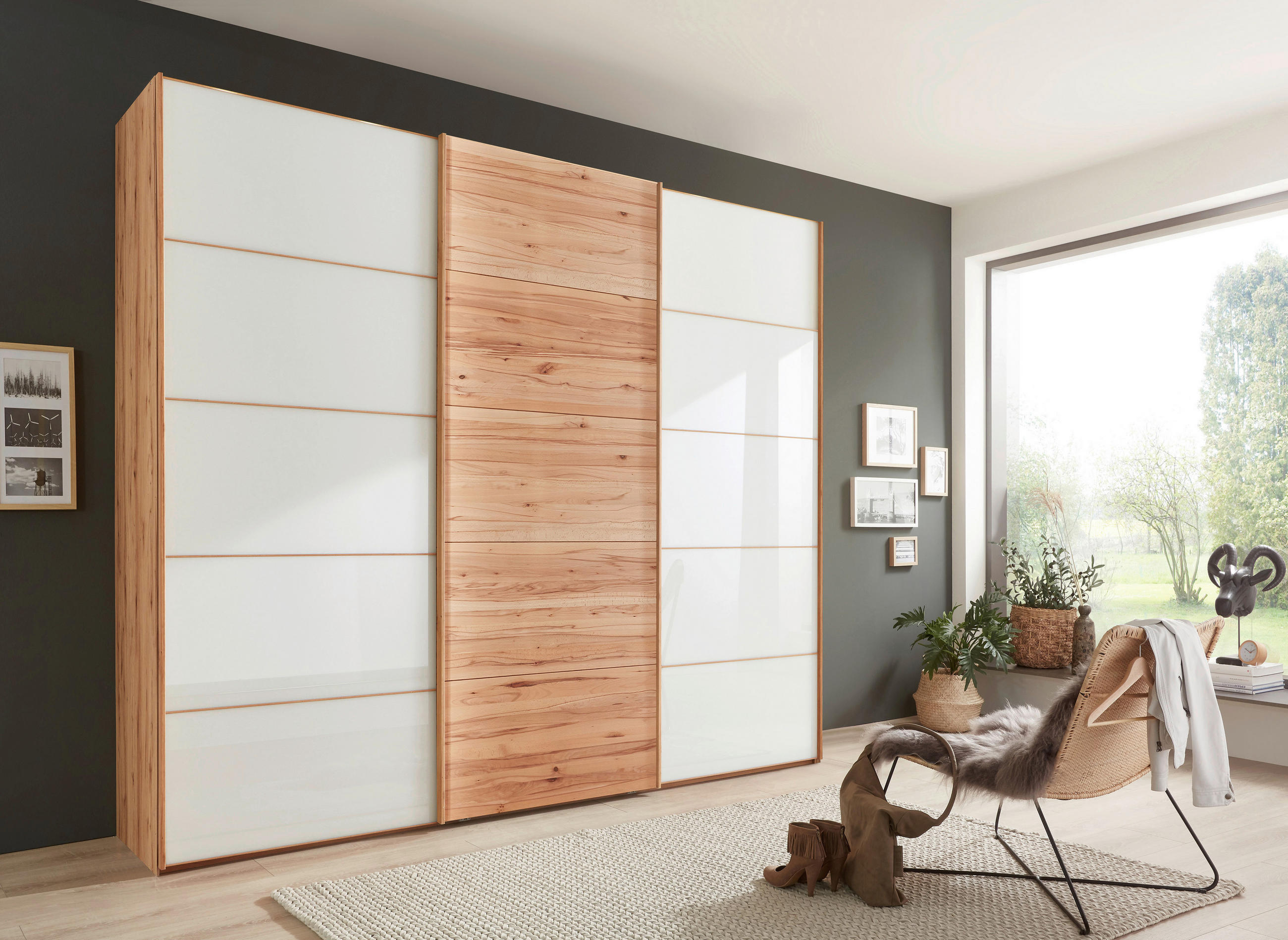SCHWEBETÜRENSCHRANK 250/236/67 cm 3-türig Weiß, Buchefarben  - Buchefarben/Weiß, Natur, Glas/Holz (250/236/67cm) - Linea Natura