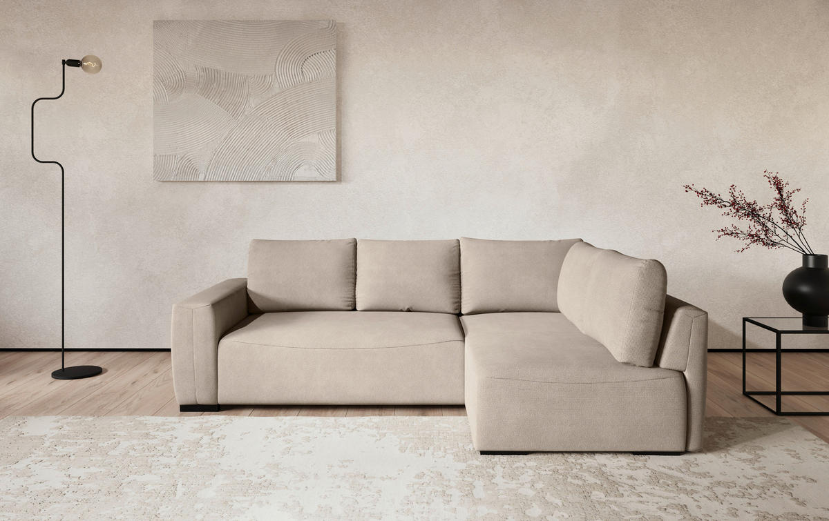ECKSOFA GIRO Naturfarben Chenille Rückenkissen, Bettkasten  - Schwarz/Naturfarben, Trend, Kunststoff/Textil (252/170cm) - MID.YOU