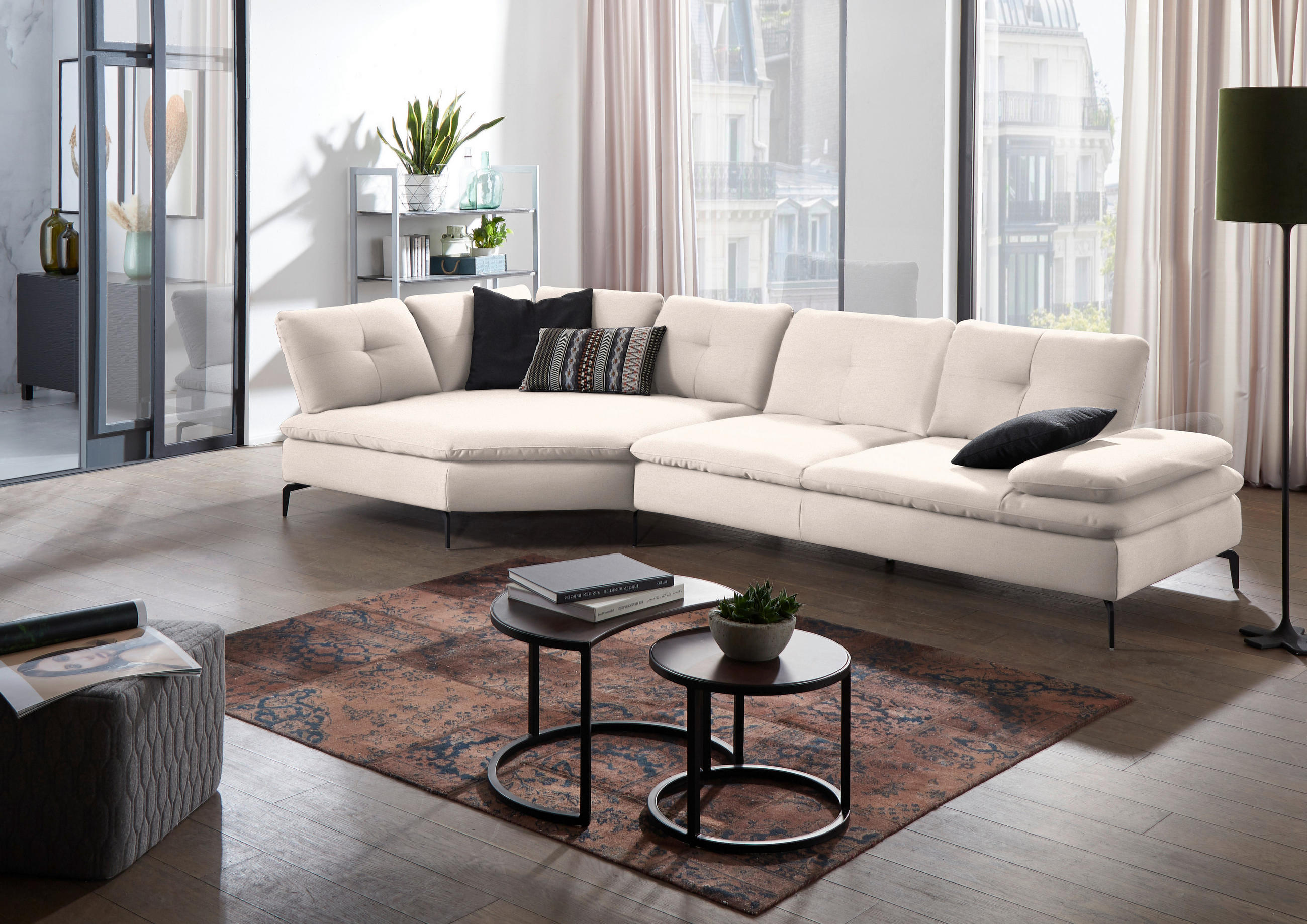 ECKSOFA in Flachgewebe Creme  - Creme/Schwarz, Design, Textil/Metall (159/344cm) - Chilliano