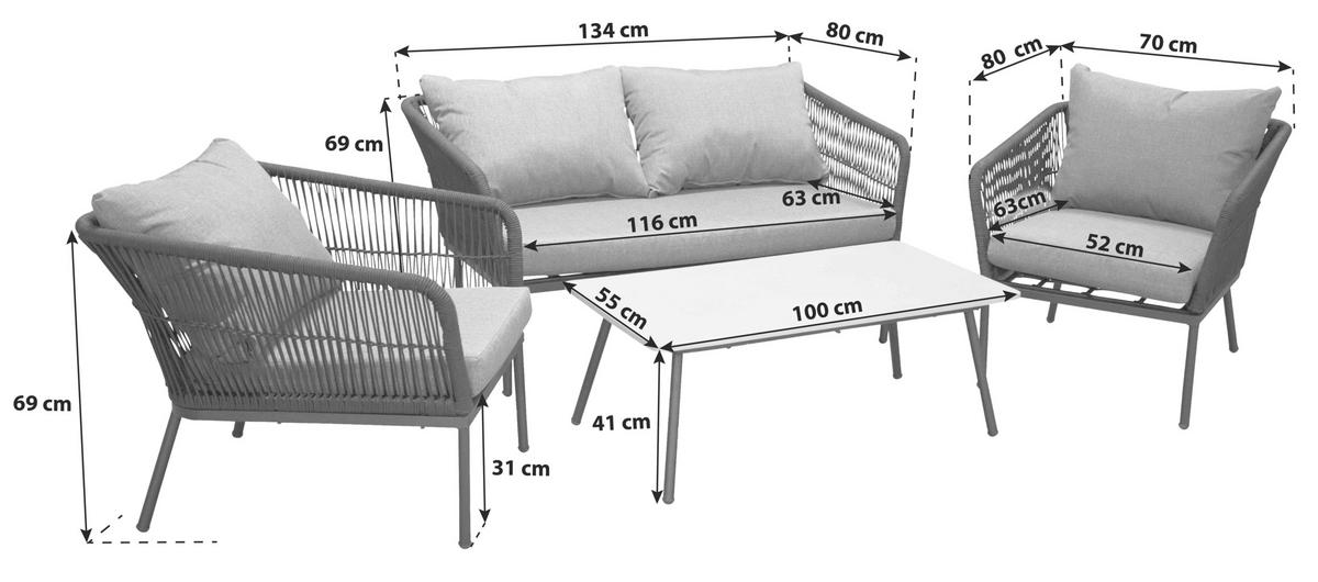 LOUNGEGARNITUR   134/69/80 cm Aluminium  - Schwarz/Grau, KONVENTIONELL, Kunststoff/Stein (134/69/80cm) - Gardenson