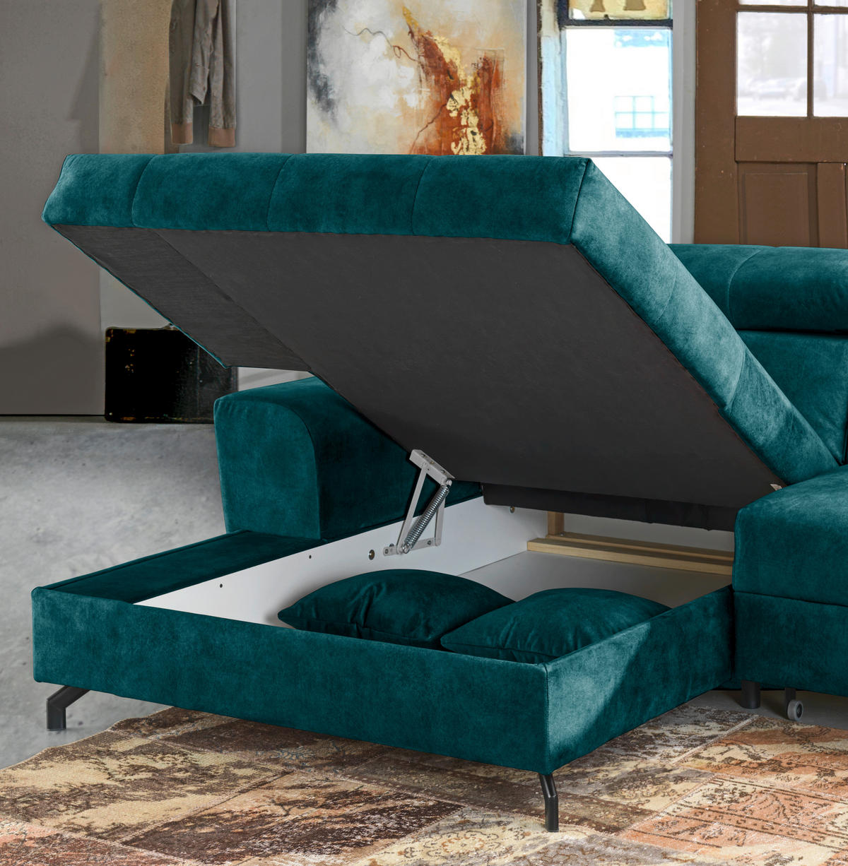 ECKSOFA Petrol Velours  - Petrol/Schwarz, Design, Textil/Metall (181/267cm) - Carryhome