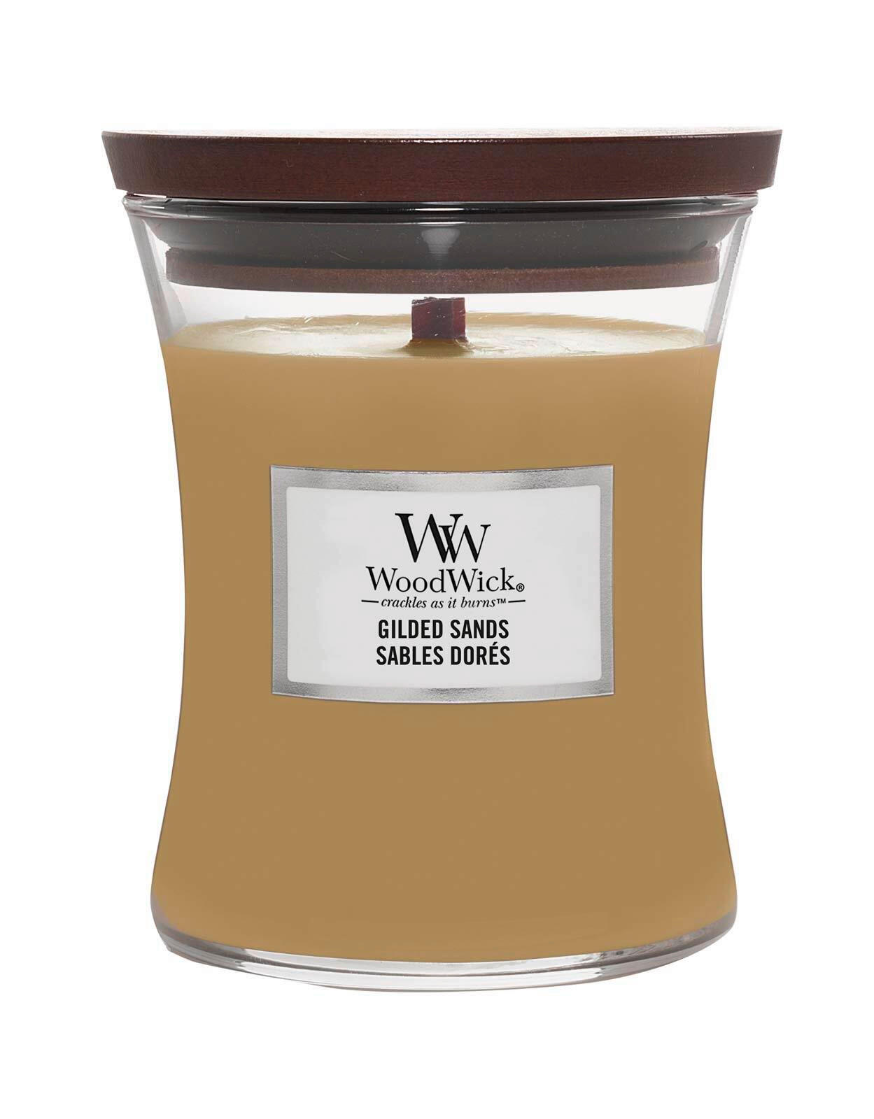 DIŠEČA SVEČA - peščene barve, Basics, steklo/les (10/11/10cm) - WoodWick