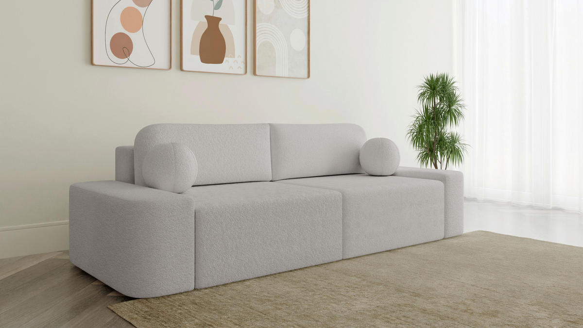 ECKSOFA OVAL Hellgrau Bouclé Rückenkissen, Schlaffunktion, Rücken echt, Stauraum  - Hellgrau/Schwarz, Design, Kunststoff/Textil (268/110cm) - MID.YOU