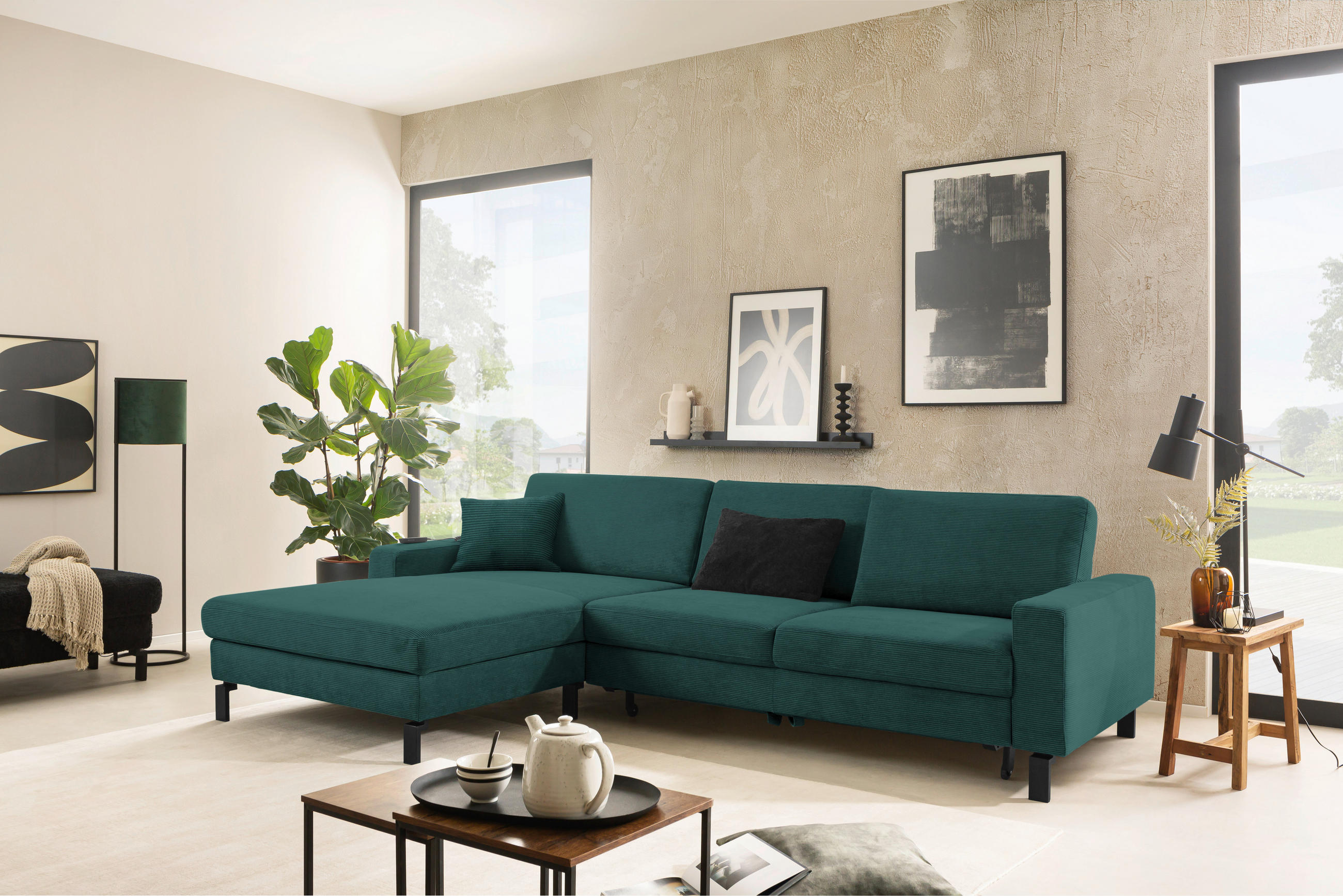 ECKSOFA in Cord Grün  - Schwarz/Grün, Design, Textil/Metall (185/298cm) - Pure Home Lifestyle