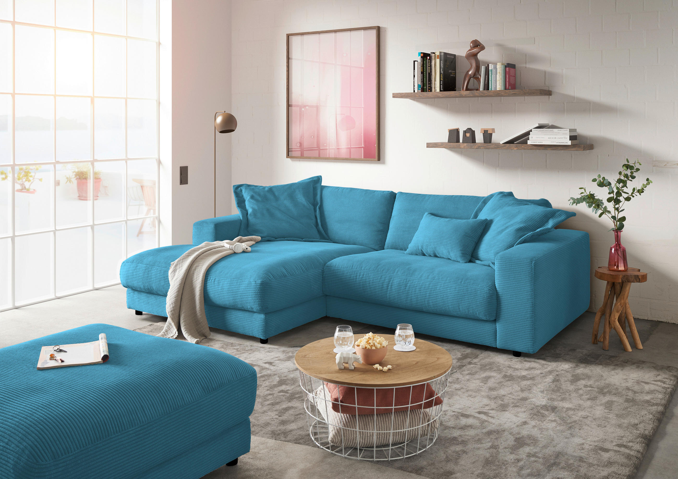 ECKSOFA in Cord Petrol  - Petrol/Schwarz, Design, Kunststoff/Textil (190/270cm) - Lomoco