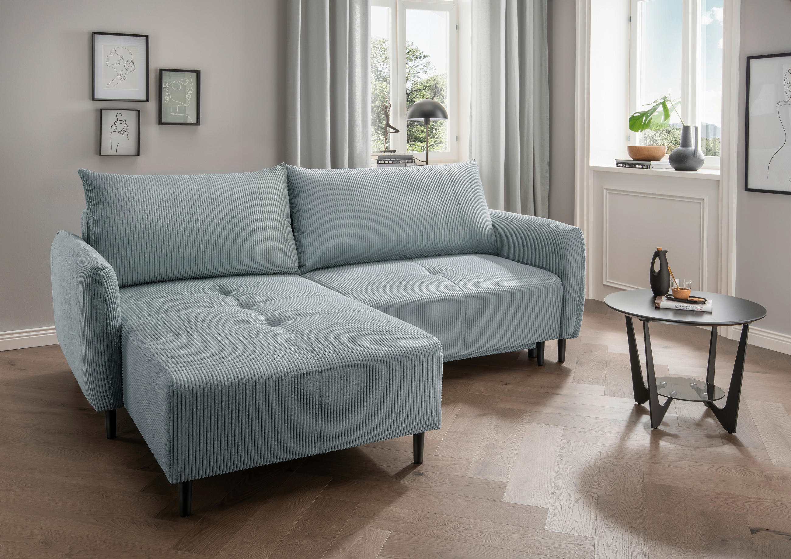 ECKSCHLAFSOFA in Cord Hellblau  - Schwarz/Hellblau, Basics, Holz/Textil (238/174cm) - Livetastic