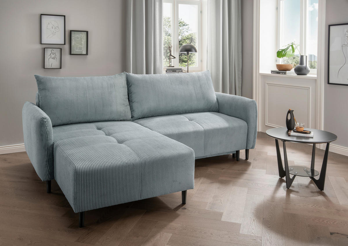 ECKSCHLAFSOFA in Cord Hellblau  - Schwarz/Hellblau, Basics, Holz/Textil (238/174cm) - Livetastic