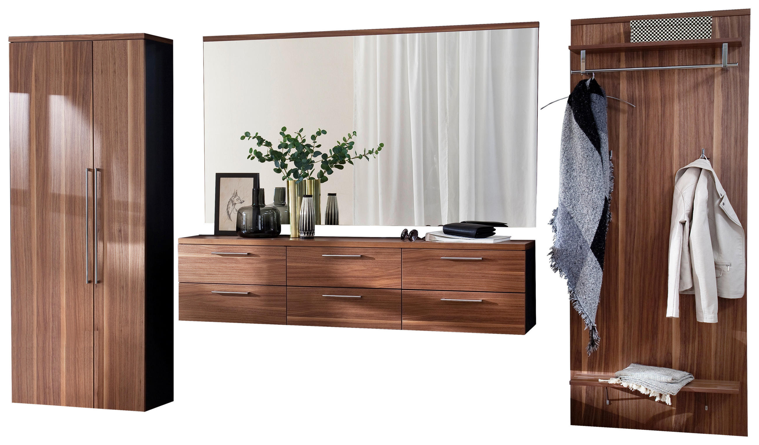 GARDEROBE Anthrazit, Nussbaumfarben - Anthrazit/Nussbaumfarben, Design, Glas/Holz (373/201/35cm) - Cassando