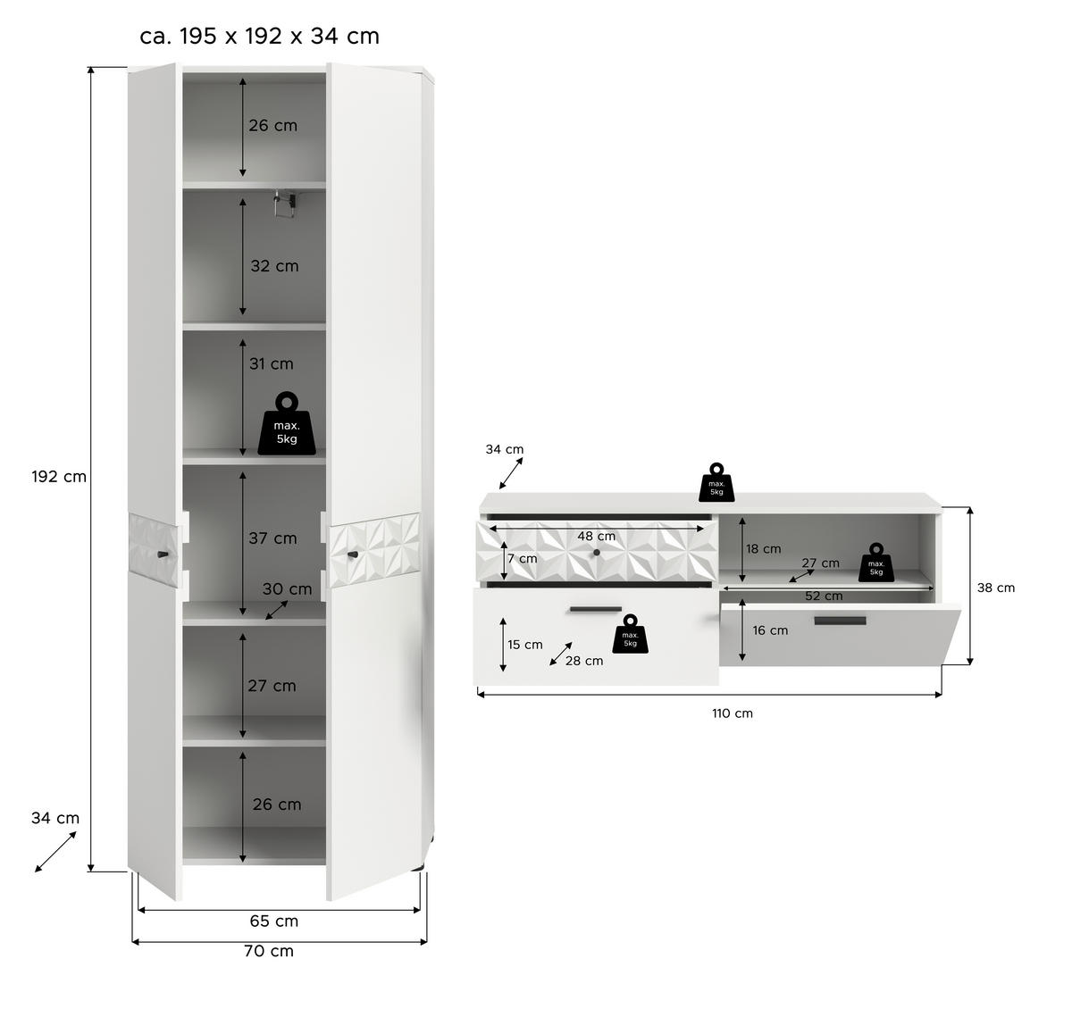 GARDEROBE 2-teilig  in 195/192/34 cm  - Weiß, Design, Holzwerkstoff (195/192/34cm) - MID.YOU